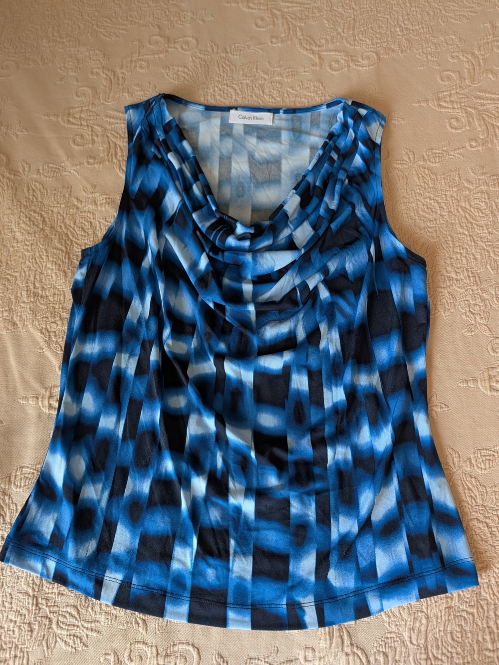 Calvin Klein Blue Patterned Sleeveless Cowl Neck Top